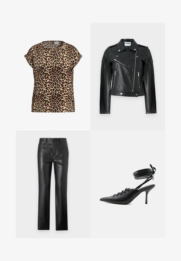 Chaqueta de moto de cuero negro con un diseño corto, cremalleras plateadas, cierres a presión y hombreras. Presenta un acabado texturizado.; Top de estampado de leopardo, con mangas cortas y escote redondo, hecho de una tela sedosa; presenta un fondo beige con manchas negras y marrones.; Pantalones de cuero negro con un diseño de pierna recta, que cuentan con bolsillos frontales, cierre de botón y una textura suave y brillante.; Zapato de tacón alto negro con punta puntiaguda, con cordones en la parte delantera y correas que rodean el tobillo atadas con un lazo, mostrado de lado sobre un fondo blanco.