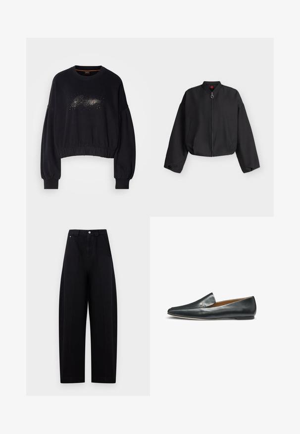 Sort cropped bomberjakke med lange ærmer, lynlås foran og to sidelommer, vist på en enkel lys baggrund.; Sorte cropped sweatshirt med ribbet halsudskæring, puffede ærmer og en dekorativ glitrende grafik foran. Blødt stof med elastisk kant.; Sortt bredbenet bukser med høj talje og forlynlås med knaplukning, med sidelommer og bæltestropper på en lys baggrund.; Sort læderlacesko med spids tå og lille metallisk logodetalje nær den øverste kant, vist fra siden på hvid baggrund.