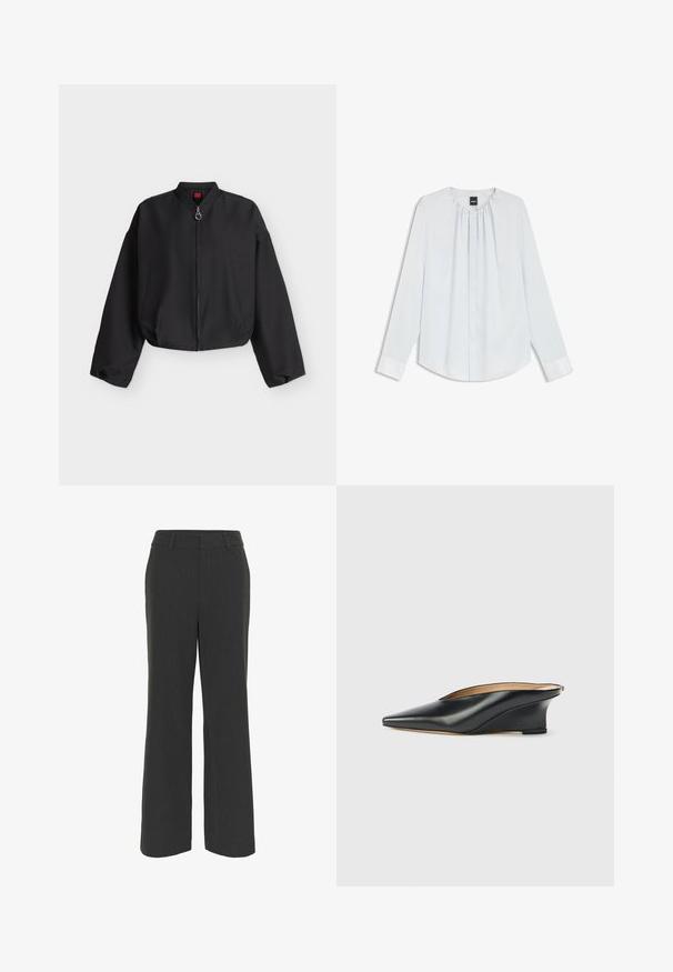 Chaqueta bomber negra recortada con mangas largas, cremallera frontal y dos bolsillos laterales, mostrada sobre un fondo claro y sencillo.; Blusa blanca de manga larga con escote plisado, botones frontales y puños ocultos, extendida sobre un fondo blanco.; Pantalones de pierna ancha en gris oscuro con una tela texturizada, que cuentan con un frente plano, presillas para cinturón y un dobladillo limpio, adecuados para vestir formal o casual.; Zapato cuña de charol negro con punta puntiaguda y talón descubierto, con un diseño elegante y curvado de estilo minimalista.