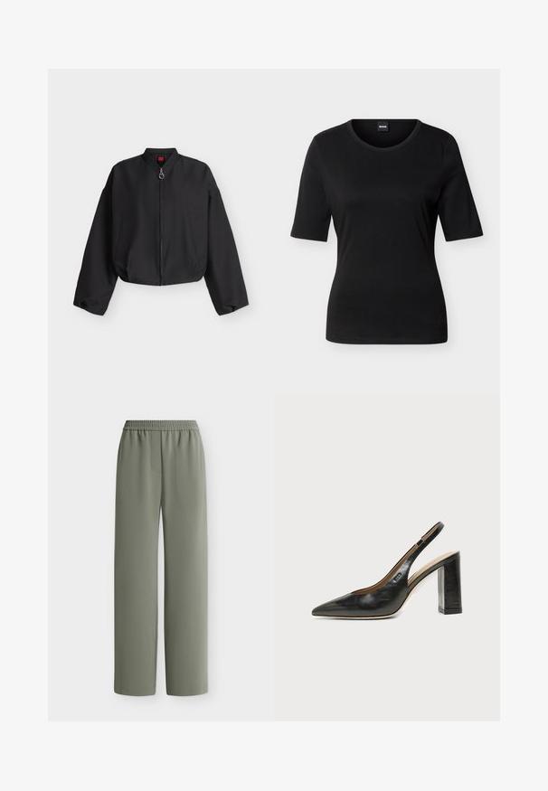 Veste bomber noire courte avec manches longues, fermeture éclair frontale et deux poches latérales, présentée sur un fond clair uni.; T-shirt noir ajusté à manches courtes avec col rond et étiquette de marque à l'intérieur du col arrière.; Pantalon ample vert olive avec taille élastique et tissu lisse, montré à plat sur fond blanc.; Chaussure slingback en cuir noir à bout pointu avec un talon bloc haut et une doublure intérieure beige sur un fond clair uni.