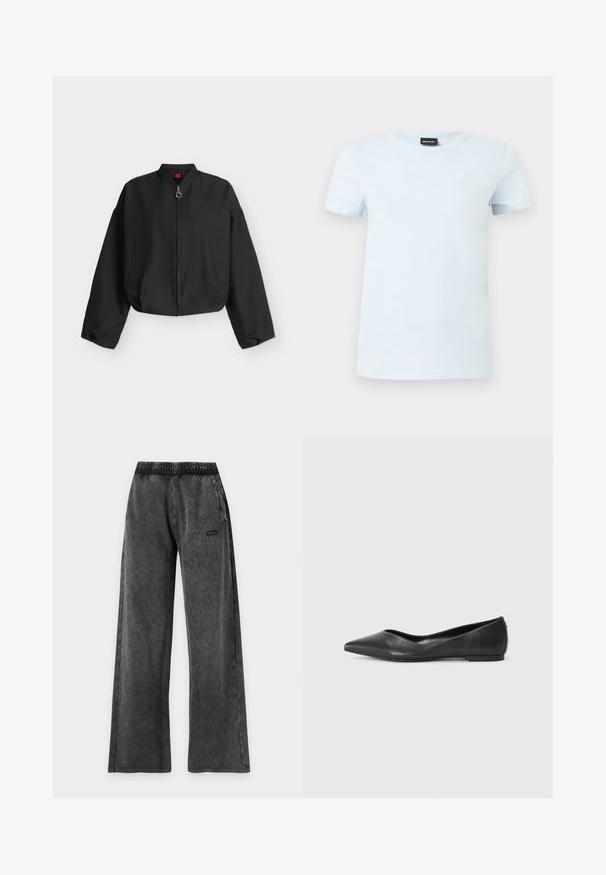 Zwarte cropped bomberjack met lange mouwen, voorrits en twee zijzakken, weergegeven op een effen lichte achtergrond.; Lichtblauw T-shirt met korte mouwen en ronde hals, met een klein wit logo op de linkerborst en een zwart merkembleem aan de binnenkant van de kraag.; Losse zwarte gewassen broek met elastische tailleband en zijzakken, met een klein rechthoekig label op het rechterdijbeen.; Zwarte leren ballerina met een spitse neus, lage hak en een gladde structuur. Minimalistisch ontwerp met een subtiele zijaccent.