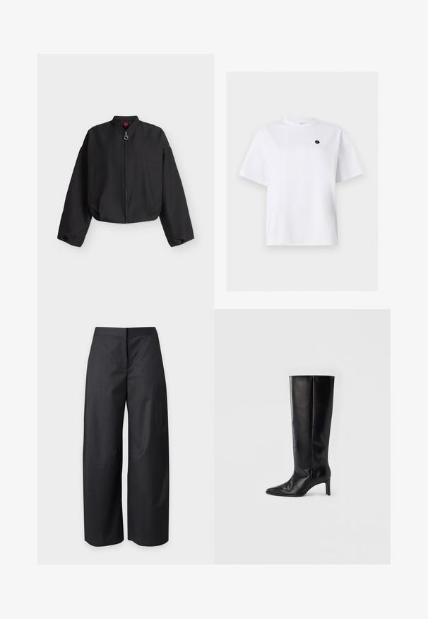 Veste bomber noire courte avec manches longues, fermeture éclair frontale et deux poches latérales, présentée sur un fond clair uni.; T-shirt blanc à manches courtes avec col rond et petit logo noir brodé sur la poitrine gauche.; Pantalon noir taille haute à jambes larges avec une fermeture avant dissimulée, présenté sur un fond clair uni.; Bottes noires montantes en cuir lisse, avec un bout pointu et un talon fin, une tige ajustée et un design minimaliste.