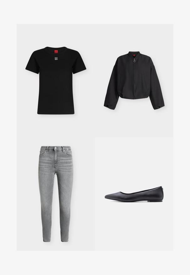 Zwarte cropped bomberjack met lange mouwen, voorrits en twee zijzakken, weergegeven op een effen lichte achtergrond.; Zwart T-shirt met korte mouwen en ronde hals met wit "HUGO"-logo gecentreerd vlakbij de kraag, rood label binnenin de hals.; Grijze skinny jeans met hoge taille, voorzakken, knoopsluiting en lichte vervaging op dijen en knieën.; Zwarte platte leren schoen met puntige neus en lage hak, zijaanzicht tegen een witte achtergrond.