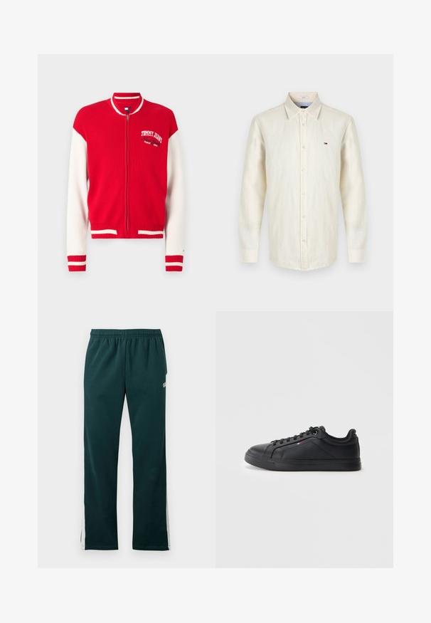 Rood-wit geribbelde gebreide bomberjack met ritssluiting, voorzien van een Tommy Jeans-logo op de borst en gestreepte details op de manchetten en onderrand.; Lichtbeige katoenen shirt met lange mouwen, voorzien van een knoopsluiting aan de voorkant, een puntige kraag en een klein geborduurd logo op de borst.; Donkergroene joggingbroek met elastische tailleband en witte strepen die langs de buitenzijden van de benen lopen.; Zwarte leren sneaker met een laag ontwerp, ronde neus, platte veters en een gestructureerde zool. Bevat een klein gekleurd logo aan de zijkant.