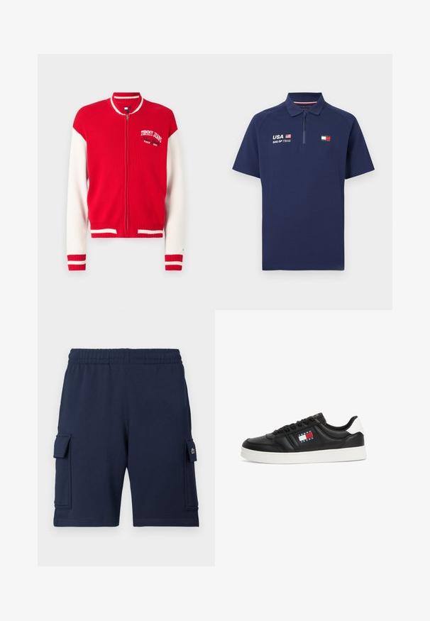 Punane ja valge ribakudumiga bomberjakk, millel on tõmblukk, Tommy Jeans logo rinnal ja triibulised detailid varrukatel ja hemil.; Laivastonsininen lyhythihainen poolopaita puolivetoketjulla, jossa rintamuksessa teksti USA SailGP Team lippuineen ja Tommy Hilfigerin logo.; Laivastonsiniset cargo-housut pehmeästä kankaasta, joissa on joustava vyötärö, kaksi sivutaskua ja pieni logo vasemmassa taskussa.; Mustat nahkakengät valkoisella pohjalla, nauhakiinnitys edessä ja logopatchi, jossa on punaisia, valkoisia ja sinisiä raitoja sivussa.