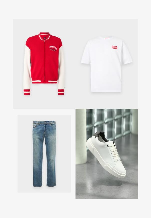 Cazadora bomber de punto acanalado en rojo y blanco con cierre de cremallera, que presenta un logo de Tommy Jeans en el pecho y detalles a rayas en los puños y el dobladillo.; Camiseta blanca de algodón con mangas cortas, con un logo rectangular rojo de DIESEL en la parte superior izquierda del pecho. Diseño sencillo con cuello redondo.; Jeans de mezclilla azul con un corte recto, con un lavado claro, diseño de cinco bolsillos, costuras sutiles y cierre de botón y cremallera.; Zapatilla blanca de perfil bajo con lengüeta del talón texturizada en negro, cordones blancos y suela gruesa sobre un suelo de cemento pulido cerca de bloques de vidrio.