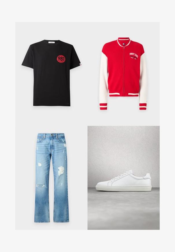 Rød og hvid ribstrikket bomberjakke med lynlås, der har et Tommy Jeans-logo på brystet og stribede detaljer på manchetter og kant.; Sort bomulds T-shirt med korte ærmer, der har et rødt cirkulært print, som inkluderer tallene "981" og ordet "REPLAY."; Lyseblå denimjeans med lige ben, der har slidte detaljer og en falmet finish. Inkluderer en metalknap og fem lommer.; Hvide sneakers med en glat læderoverdel og lav profil. Har en rund tå, seks snørehuller og en tekstureret gummisål.