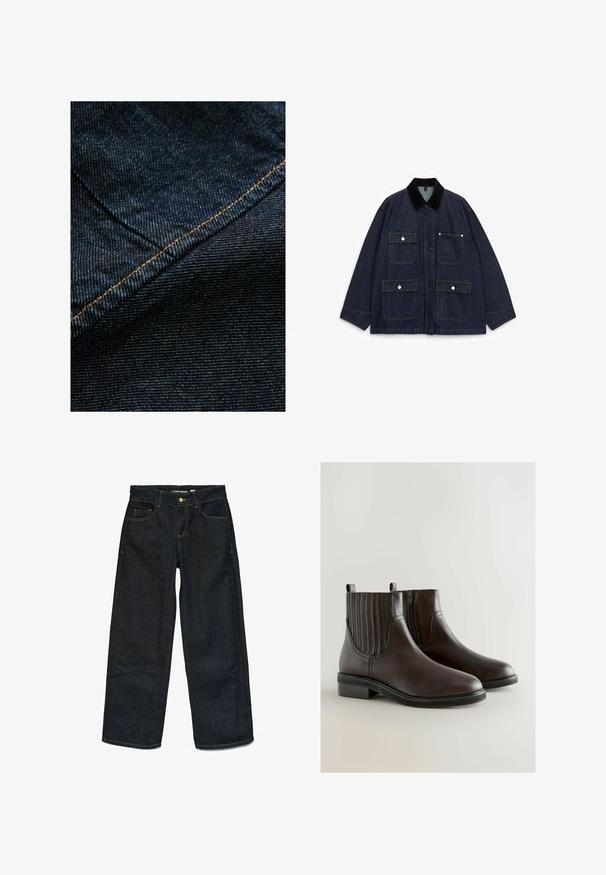 Veste en denim bleu foncé avec un col en velours côtelé, dotée de quatre poches avant, de boutons-pression et d'un design décontracté.; Tissu en denim bleu foncé avec une texture verticale subtile, présentant des coutures orange le long de la couture pour souligner.; Jean en denim large bleu foncé avec poches avant et poche à monnaie, surpiqûres jaunes contrastantes, fermeture à bouton et passants de ceinture.; Bottines en cuir marron avec des panneaux latéraux élastiques et une fermeture éclair sur le côté, présentant un petit talon et une texture lisse.