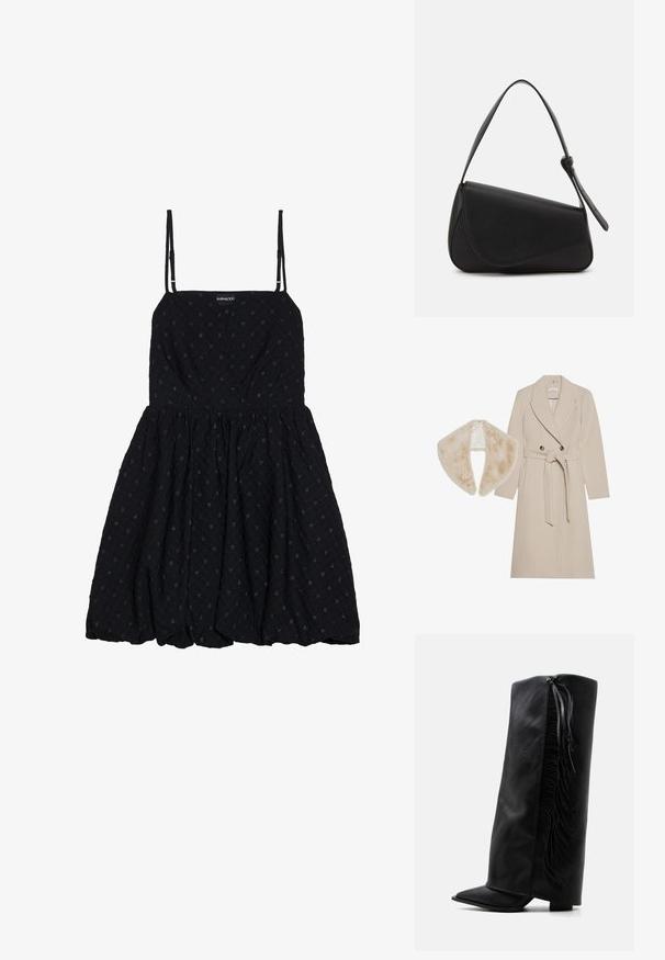 Manteau en laine beige avec un design croisé, une ceinture et de grands revers ; associé à un col en fausse fourrure douce dans une teinte assortie.; Even&Odd Robe de soirée - black; Botte noire en cuir montante jusqu’au genou avec bout pointu et franges décoratives le long du côté extérieur sur fond blanc uni.; Sac à main en cuir noir de forme triangulaire, avec un rabat incliné et une poignée supérieure arrondie. Il présente une texture lisse et des détails de design minimalistes.