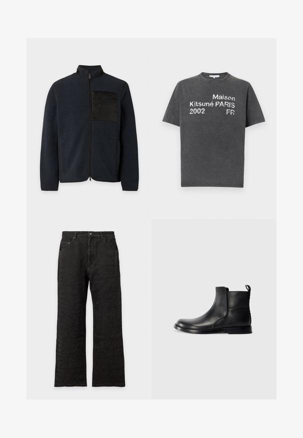 Zwarte fleecejas met rits, hoge kraag en een gladde, gestructureerde borstzak op een effen achtergrond.; Koolgrijze T-shirt met korte mouwen en witte opdruk: "Maison Kitsuné PARIS 2002 FR" op de voorkant, ronde halslijn, casual stijl.; Zwarte rechte jeans met voorzakken, knoopsluiting en een subtiel getextureerd patroon door de hele stof.; Zwarte leren enkelboot met ronde neus, elastische zijpanelen en een textuur op de achterkant. Heeft een platte rubberen zool en een lus aan de achterkant.