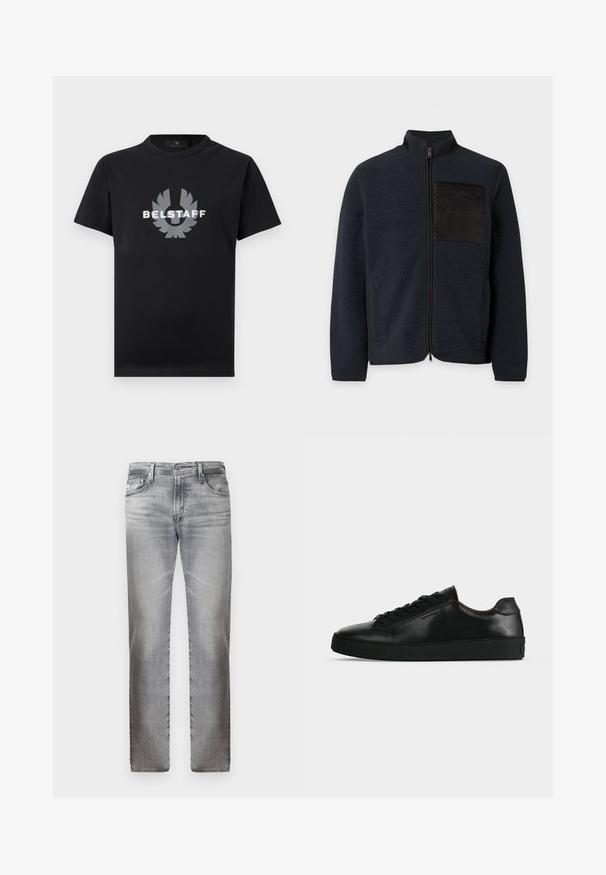 Veste polaire noire zippée avec un col montant et une poche poitrine à texture lisse sur fond uni.; T-shirt noir à manches courtes avec col rond, orné d'un logo Belstaff argenté réfléchissant et d'un emblème ailé centré sur la poitrine.; Jean en denim gris avec un design délavé, coupe droite, cinq poches et une fermeture à bouton métallique à la taille. Texture douce, sans motifs distincts.; Basket basse en cuir noir avec lacets noirs et semelle épaisse noire, vue de profil sur fond gris clair.