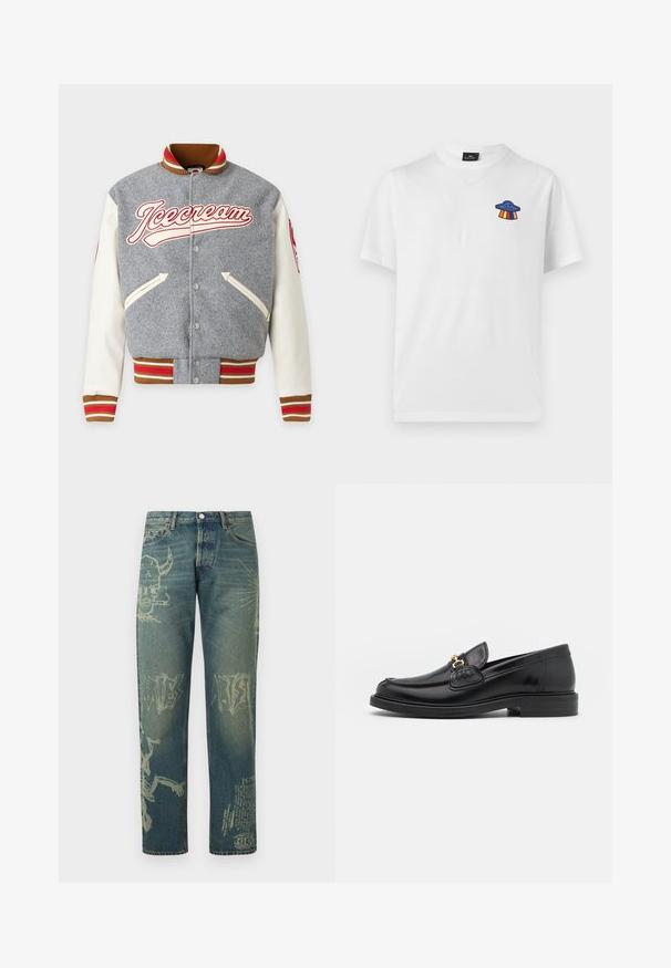 Veste varsity grise et blanche avec poignets et col rayés marron, rouge et blanc, poches avant, boutons pression et logo « Icecream » sur la poitrine.; T-shirt blanc à manches courtes avec un petit motif OVNI bleu et des rayons arc-en-ciel sur la partie gauche de la poitrine.; Jean en denim avec des imprimés graphiques délavés incluant un crâne cornu fumant, du texte abstrait et un squelette sur les jambes, vue de face.; Mocassins en cuir noir avec un embout rond, présentant des accents en métal doré et des détails de couture, montés sur une semelle en caoutchouc texturé et basse.