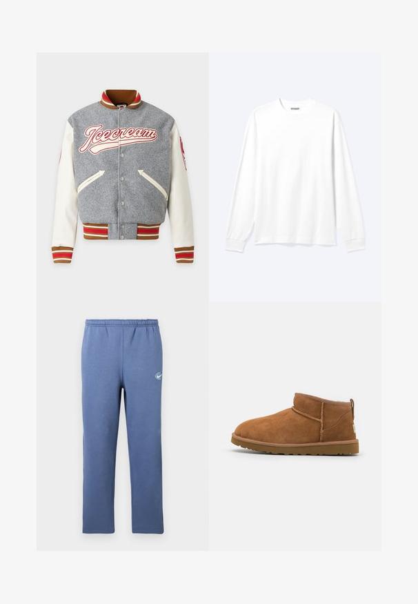Veste varsity grise et blanche avec poignets et col rayés marron, rouge et blanc, poches avant, boutons pression et logo « Icecream » sur la poitrine.; Chemise blanche unie à manches longues avec col rond et poignets côtelés, présentée sur un fond clair neutre.; Pantalon de survêtement bleu avec taille élastique et petit logo circulaire blanc sur la partie supérieure de la cuisse gauche, présenté sur un fond uni.; Bottine en suède beige avec un bout rond, des détails de couture subtils et une semelle en caoutchouc texturée. Hauteur courte sans lacets.
