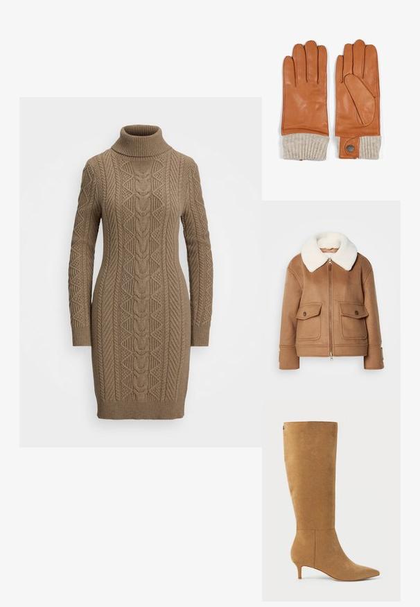 Brun uldjakke med en hvid faux fur krave, lynlåslukning, to forlommer og brede ærmer med knapdetalje. Blød tekstur.; Brun kabelstrikket højhalset kjole med lange ærmer og indviklede strikkemønstre på fronten og ærmerne.; Lauren Ralph Lauren MCKAY SUEDE TALL BOOT HEEL - Høje støvler/ Støvler - camel; Brune læderhandsker med ribbede beige strikkede manchetter. Udstyret med en knapdetalje, glat tekstur og et unikt tommelfingerdesign for nem brug.