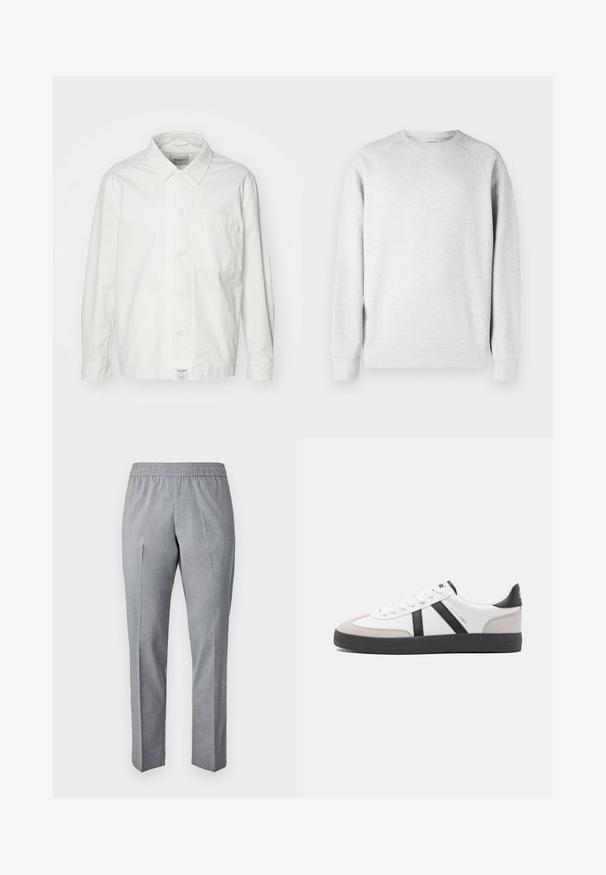 Chemise blanche à boutons en coton, dotée d'un col classique, de manches longues et d'une poche poitrine unique. Texture lisse, design simple.; Sweatshirt léger gris clair à col rond, avec des manches longues, des poignets et un ourlet côtelés, présenté sur un fond blanc.; Pantalons gris, tissés, avec une taille élastique, coupe droite et pli sur le devant. La texture du tissu semble lisse et légère.; Baskets blanches avec des accents noirs et gris, présentant un embout texturé gris, une semelle en caoutchouc noir et des lacets plats blancs. Design épuré, style minimaliste.