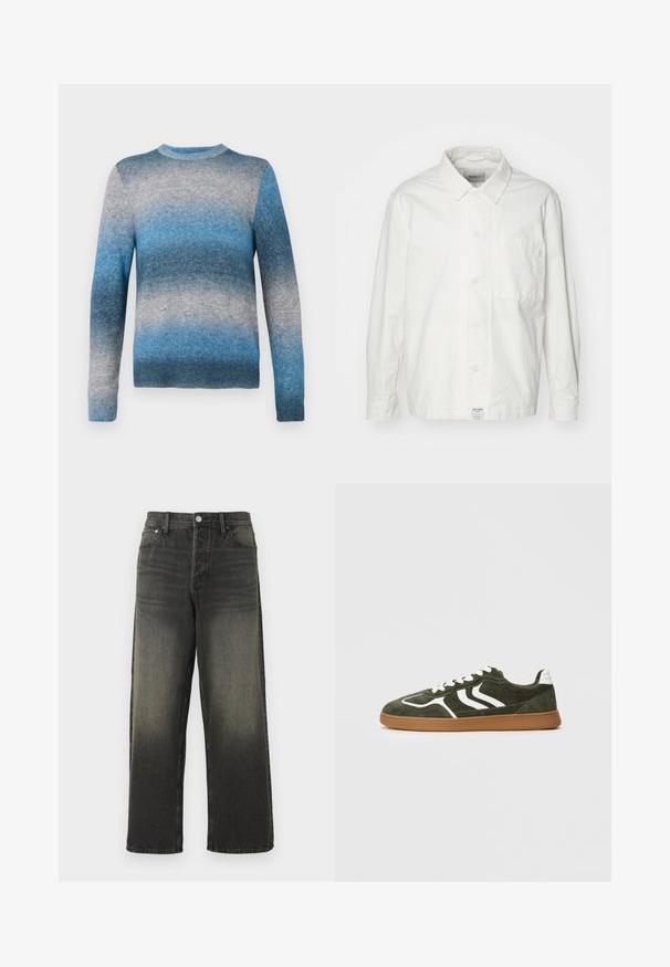 Hvid skjorte med knapper lavet af bomuld, med en klassisk krave, lange ærmer og en enkelt brystlomme. Glat tekstur, enkelt design.; Blå gradient sweater lavet af blødt materiale, med rund hals, lange ærmer og ribbet kant. Farverne spænder fra lys til mørk blå.; Sorte denim jeans med afslappet pasform, med høj talje, sølv hardware og en falmet tekstur med subtile folder. Lige ben uden udsmykning.; Grøn ruskinds sneaker med hvide striber, hvide snørebånd, en polstret hvid hæl og en gummisål, vist i profil mod en ensfarvet baggrund.