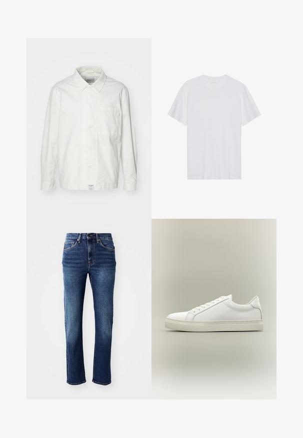 Chemise blanche à boutons en coton, dotée d'un col classique, de manches longues et d'une poche poitrine unique. Texture lisse, design simple.; T-shirt en coton blanc à manches courtes, col rond et texture lisse. Présente un branding minimal au niveau du col.; Jean en denim bleu foncé avec une coupe droite, cinq poches et des accessoires en ton cuivré. Présente une légère décoloration sur les cuisses.; Baskets blanches basses à lacets sur l’avant et semelle épaisse, vues de côté sur un fond neutre.