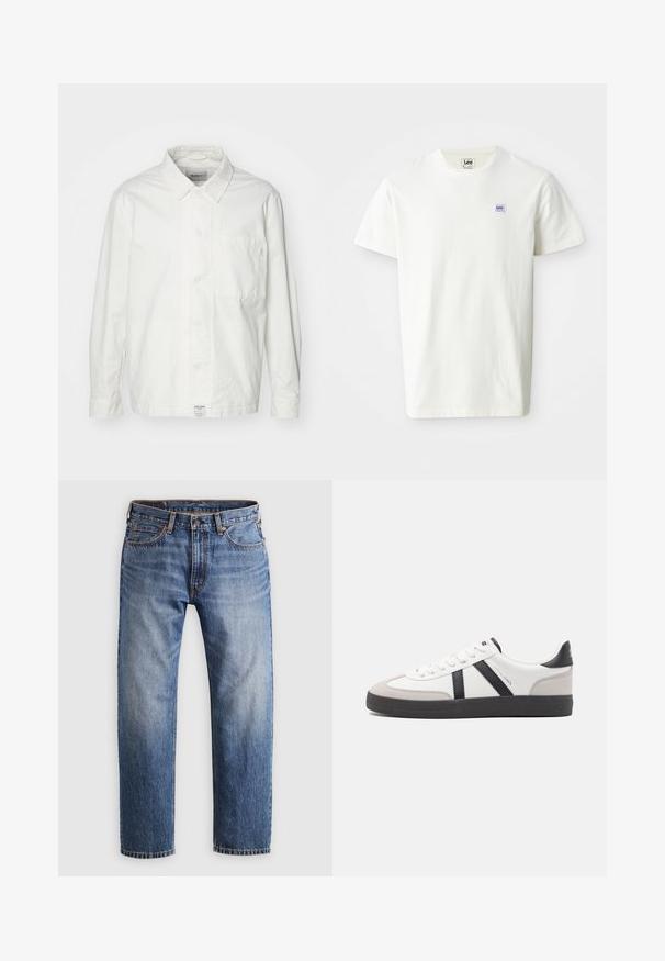 Chemise blanche à boutons en coton, dotée d'un col classique, de manches longues et d'une poche poitrine unique. Texture lisse, design simple.; T-shirt en coton blanc avec un col rond et des manches courtes. Affiche un petit logo rectangulaire en bleu et violet de Lee sur la poitrine gauche.; Jeans en denim bleu à jambe droite avec fermeture à bouton et fermeture éclair, cinq poches et coutures orange sur un fond gris clair.; Baskets blanches avec des accents noirs et gris, présentant un embout texturé gris, une semelle en caoutchouc noir et des lacets plats blancs. Design épuré, style minimaliste.