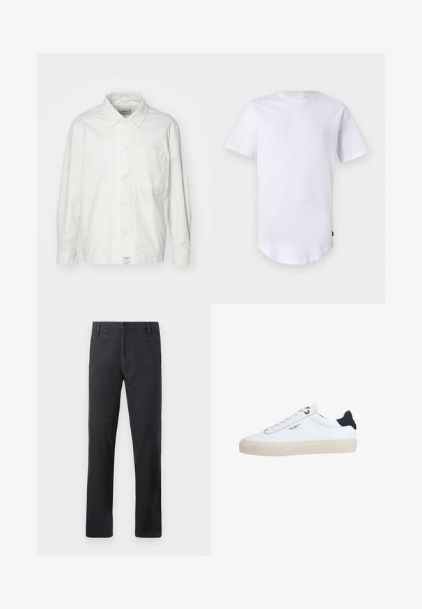 Weiße Button-Down-Hemd aus Baumwolle, mit klassischem Kragen, langen Ärmeln und einer Brusttasche. Glatte Textur, schlichtes Design.; Weißes T-Shirt mit kurzen Ärmeln aus Baumwolle. Rundhalsausschnitt mit abgerundetem Saum. Etikett auf der unteren linken Seite sichtbar. Glatte Textur.; Schwarze gerade geschnittene Hose mit Seitentaschen, vorderem Knopfverschluss und Gürtelschlaufen auf einem weißen Hintergrund.; Weißer Sneaker in niedriger Schnittform mit beiger Sohle, weißen Schnürsenkeln, schwarzem Fersenlasche und dem "Pepe Jeans London"-Logo an der Seite.