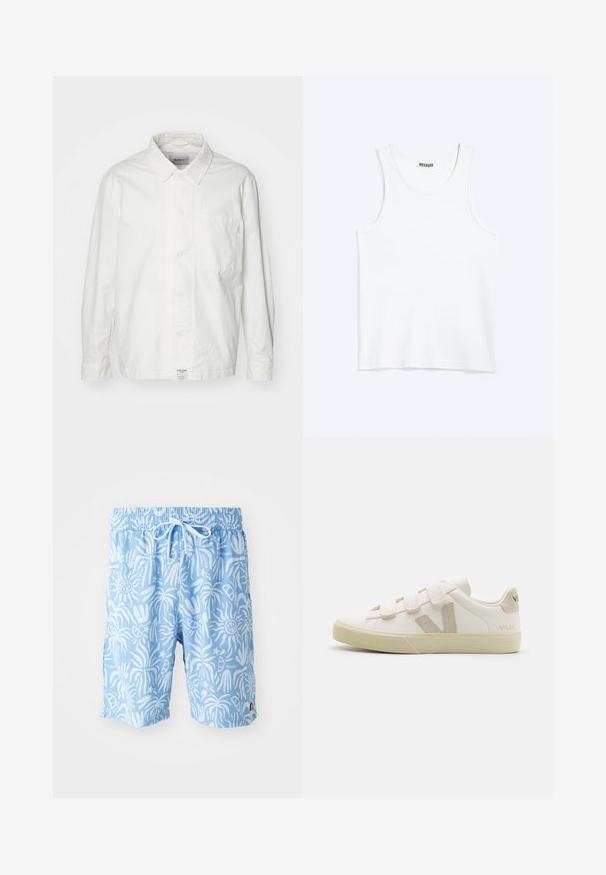 Chemise blanche à boutons en coton, dotée d'un col classique, de manches longues et d'une poche poitrine unique. Texture lisse, design simple.; Débardeur blanc sans manches avec col rond et étiquette de la marque Weekday à l'intérieur du col arrière, présenté à plat sur un fond clair.; Shorts de bain bleu clair avec un motif abstrait blanc, taille élastique et cordon de serrage. Logo sur le devant à gauche et fentes sur les côtés à l'ourlet.; Baskets en cuir blanc avec des bandes Velcro, accents beiges, bout arrondi, semelle en caoutchouc texturé et logo embossé. Design minimaliste.