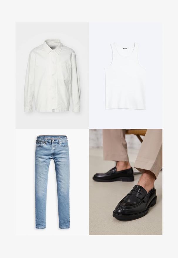 Weiße Button-Down-Hemd aus Baumwolle, mit klassischem Kragen, langen Ärmeln und einer Brusttasche. Glatte Textur, schlichtes Design.; Weißes ärmelloses Tanktop mit rundem Ausschnitt und Weekday-Markenetikett auf der Innenseite des hinteren Kragens, flach auf hellem Hintergrund dargestellt.; Helle blaue Jeans, gerade geschnitten, mit fünf Taschen, Reißverschluss und Knopfverschluss. Glatte Textur mit dezenten Ausbleichungen.; Schwarze Lederloafers mit glatter Oberfläche, ausgestattet mit einem dekorativen Riemen und Kontrastnähten, kombiniert mit beigen Hosen.