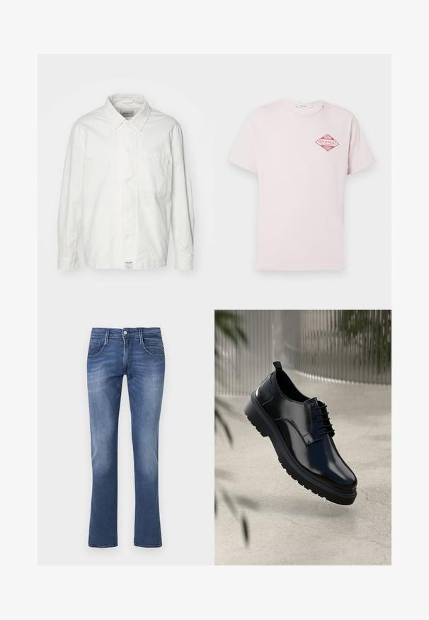 Hvid skjorte med knapper lavet af bomuld, med en klassisk krave, lange ærmer og en enkelt brystlomme. Glat tekstur, enkelt design.; Lyserød T-shirt med korte ærmer og en rød diamantformet grafik med teksten "Miami Replay Palace Florida" på den øverste venstre bryst.; Blå denim straight-leg jeans med frontknap, lynlås samt for- og baglommer på en hvid baggrund.; Sorte lædersko med en blank overflade, rund tå, snøredesign, kontrastsyninger og en tyk gummisål med mønster.