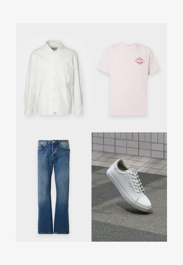 Hvid skjorte med knapper lavet af bomuld, med en klassisk krave, lange ærmer og en enkelt brystlomme. Glat tekstur, enkelt design.; Lyserød T-shirt med korte ærmer og en rød diamantformet grafik med teksten "Miami Replay Palace Florida" på den øverste venstre bryst.; Lyseblå denimjeans med lige ben-design, der har fem lommer, en knap-lukning og diskret falmning på stoffet.; Hvide sneakers lavet af tekstureret læder, med snørelukning, robust gummisål og minimalistisk design med forstærket tå.