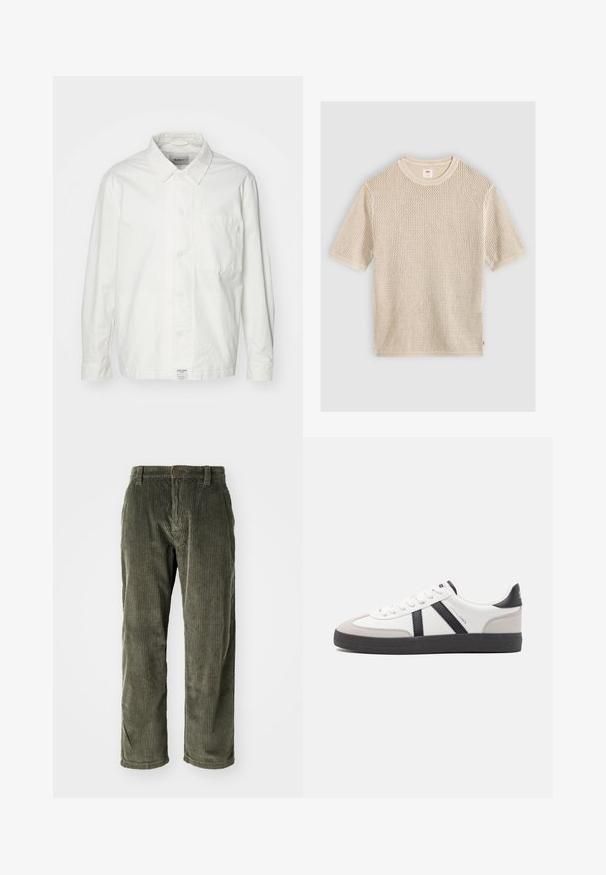 Camisa blanca de botones hecha de algodón, con cuello clásico, mangas largas y un bolsillo en el pecho. Textura suave, diseño sencillo.; Jersey beige de manga corta, tejido con cuello redondo y un patrón texturizado de tejido abierto, colocado plano sobre un fondo claro.; Pantalones de pana color verde oliva con acanalado vertical, que presentan un cierre de botón y un diseño de pierna recta. Textura suave con un ajuste clásico.; Zapatilla blanca con acentos en negro y gris, que presenta una puntera texturizada en gris, suela de goma negra y cordones planos blancos. Diseño limpio, estilo minimalista.
