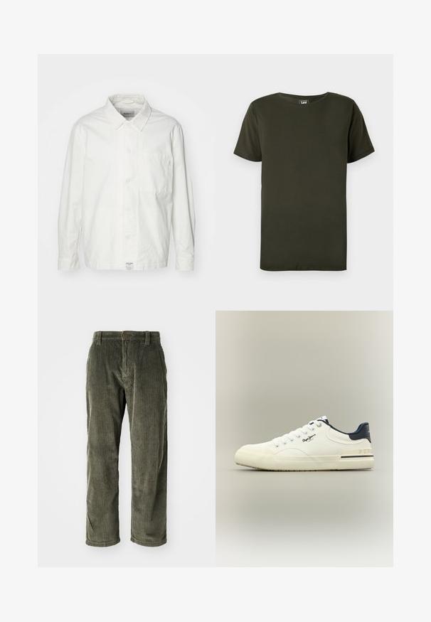 Weiße Button-Down-Hemd aus Baumwolle, mit klassischem Kragen, langen Ärmeln und einer Brusttasche. Glatte Textur, schlichtes Design.; Schlichtes dunkelgrünes T-Shirt mit kurzen Ärmeln und Rundhalsausschnitt mit einem kleinen Lee-Markenetikett innen am Kragen vor weißem Hintergrund.; Olivgrüne Cordhosen mit vertikalen Rippungen, ausgestattet mit einem Knopfverschluss und einem geraden Schnitt. Weicher Stoff mit klassischer Passform.; Weißer Sneaker mit niedrigem Schaft, marineblauem Fersenlasche, Schnürsenkeln und Logo an der Seite, mit Gummisohle und minimalistischem Design.