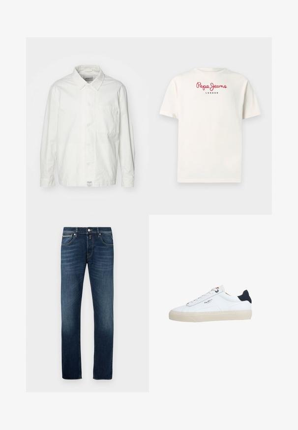 Hvid skjorte med knapper lavet af bomuld, med en klassisk krave, lange ærmer og en enkelt brystlomme. Glat tekstur, enkelt design.; Hvid bomuld t-shirt med korte ærmer. Fremhævet logo i rød skrift siger "Pepe Jeans" over "LONDON" i sort. Simpelt, afslappet design.; Mørkeblå straight-leg jeans med let falming på lårerne, fem lommer og en metalknaplukning i taljen.; Hvid lavtop-sneaker med beige sål, hvide snørebånd, sort hælkappe og "Pepe Jeans London"-logo på siden.