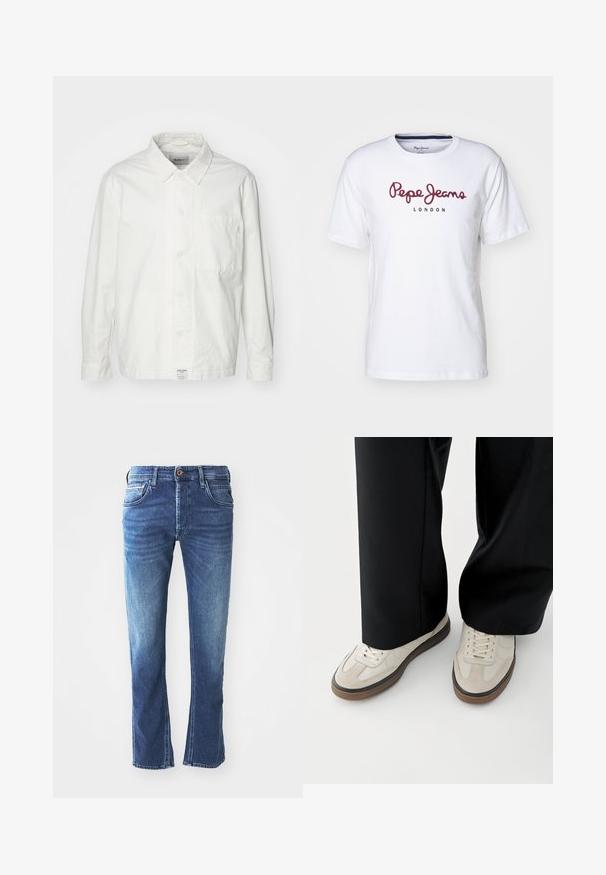 Witte overhem shirt van katoen, met een klassieke kraag, lange mouwen en een enkele borstzak. Glad oppervlak, eenvoudig ontwerp.; Witte katoenen T-shirt met bordeauxrode "Pepe Jeans" logo en "LONDON" tekst, ronde hals, korte mouwen en een relaxed fit.; Donkerblauwe spijkerbroek met een rechte pijpdesign, voorzien van vijf zakken, een bruine knoopsluiting en subtiele lichte vervaging op de bovenbenen.; Voeten met beige sneakers met bruine zolen en zwarte wijde broekspijpen op een witte achtergrond.