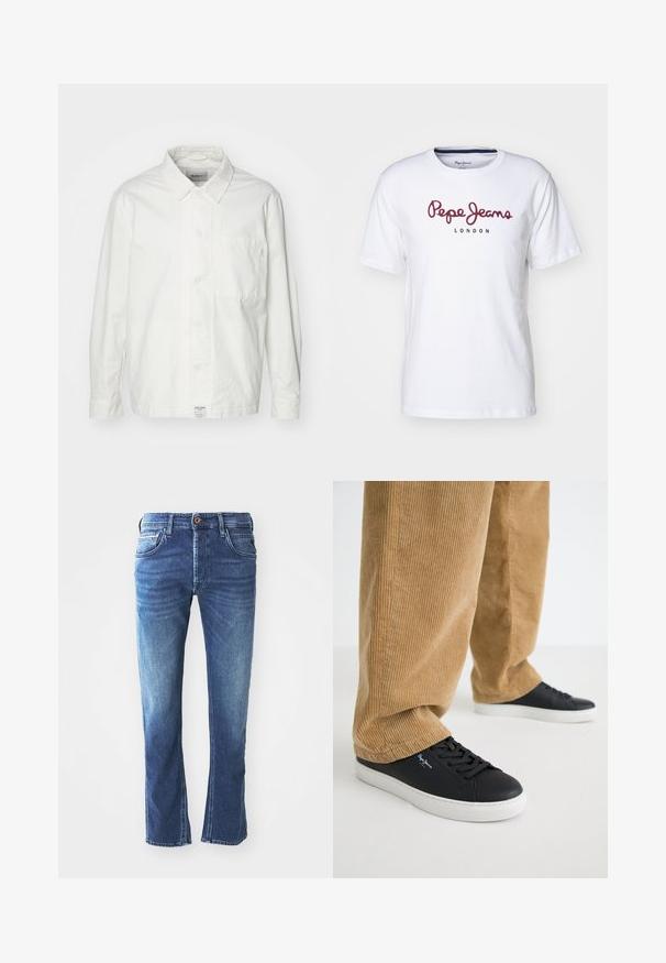 Witte overhem shirt van katoen, met een klassieke kraag, lange mouwen en een enkele borstzak. Glad oppervlak, eenvoudig ontwerp.; Witte katoenen T-shirt met bordeauxrode "Pepe Jeans" logo en "LONDON" tekst, ronde hals, korte mouwen en een relaxed fit.; Donkerblauwe spijkerbroek met een rechte pijpdesign, voorzien van vijf zakken, een bruine knoopsluiting en subtiele lichte vervaging op de bovenbenen.; Zwarte leren sneakers met witte rubberen zolen. Draagt een paar tan corduroy broeken met verticale ribbels en een ontspannen pasvorm.