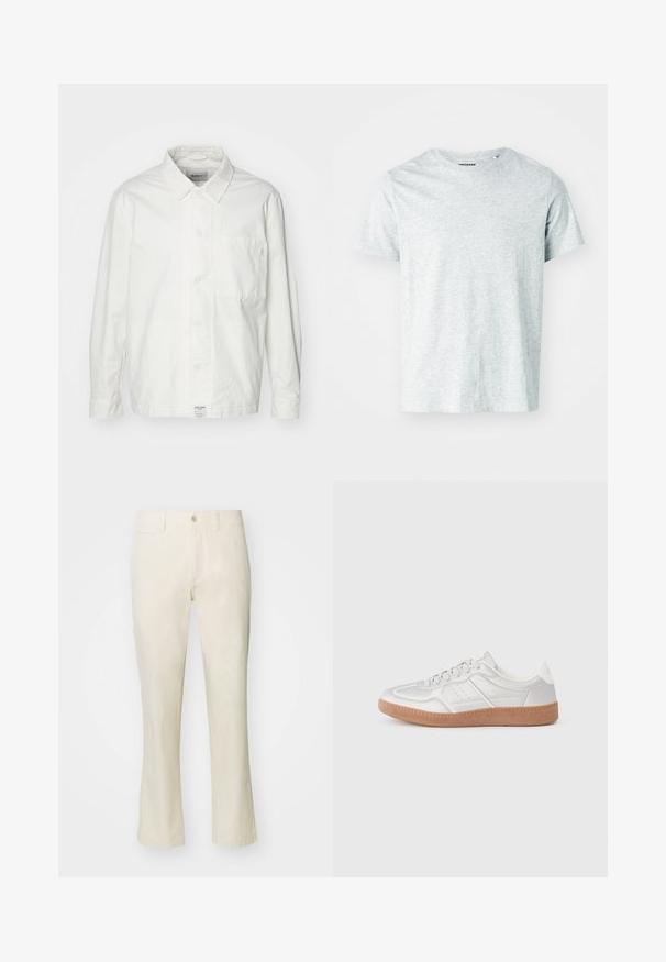 Chemise blanche à boutons en coton, dotée d'un col classique, de manches longues et d'une poche poitrine unique. Texture lisse, design simple.; T-shirt gris clair à manches courtes en tissu doux, avec un col rond et une coupe légèrement décontractée. Aucun motif ou graphique visible.; Pantalon en coton beige avec une coupe droite, doté d'une fermeture à bouton et d'une poche latérale. Texture lisse et style simple.; Baskets argentées avec une texture lisse, un design à lacets, des accents perforés et une semelle en caoutchouc marron texturé.