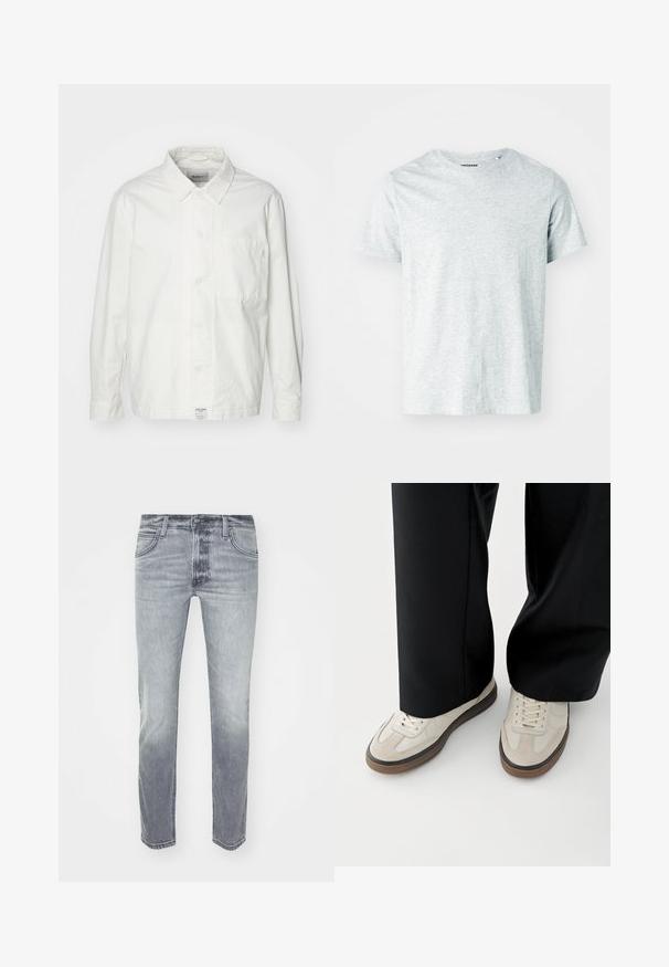 Chemise blanche à boutons en coton, dotée d'un col classique, de manches longues et d'une poche poitrine unique. Texture lisse, design simple.; T-shirt gris clair à manches courtes en tissu doux, avec un col rond et une coupe légèrement décontractée. Aucun motif ou graphique visible.; Jeans en denim gris avec un léger délavage, dotés d'un design à cinq poches, d'un zip et d'une coupe droite. Texture lisse et détails de coutures minimalistes.; Pieds portant des baskets beige avec des semelles marron et un pantalon noir à jambes larges sur fond blanc.