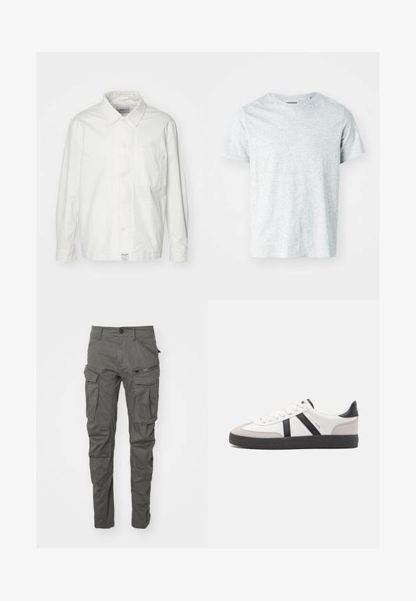 Chemise blanche à boutons en coton, dotée d'un col classique, de manches longues et d'une poche poitrine unique. Texture lisse, design simple.; T-shirt gris clair à manches courtes en tissu doux, avec un col rond et une coupe légèrement décontractée. Aucun motif ou graphique visible.; Pantalons cargo gris en tissu durable, dotés de multiples poches, d'accents zippés, d'une fermeture à bouton et d'une coupe fuselée.; Baskets blanches avec des accents noirs et gris, présentant un embout texturé gris, une semelle en caoutchouc noir et des lacets plats blancs. Design épuré, style minimaliste.
