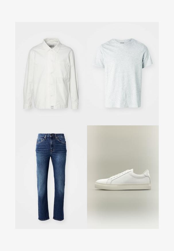 Chemise blanche à boutons en coton, dotée d'un col classique, de manches longues et d'une poche poitrine unique. Texture lisse, design simple.; T-shirt gris clair à manches courtes en tissu doux, avec un col rond et une coupe légèrement décontractée. Aucun motif ou graphique visible.; Jean en denim bleu foncé avec une coupe droite, cinq poches et des accessoires en ton cuivré. Présente une légère décoloration sur les cuisses.; Baskets blanches basses à lacets sur l’avant et semelle épaisse, vues de côté sur un fond neutre.