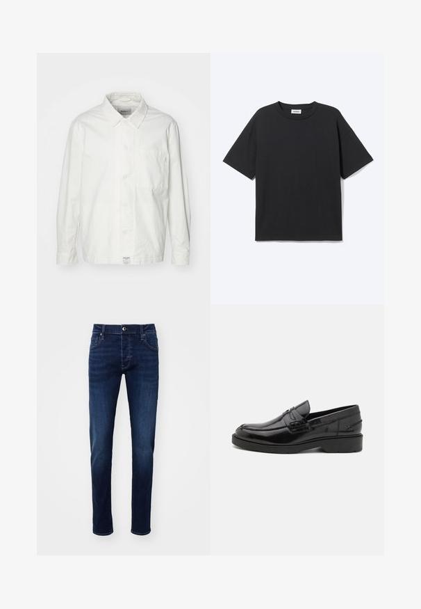 Weiße Button-Down-Hemd aus Baumwolle, mit klassischem Kragen, langen Ärmeln und einer Brusttasche. Glatte Textur, schlichtes Design.; Schwarzes T-Shirt mit kurzen Ärmeln und Rundhalsausschnitt in lockerer Passform, Vorderansicht, schlichtes Design und sichtbares Weekday-Label im Krageninneren.; Dunkelblaue Slim-Fit Denim-Jeans mit Knopf vorne, Taschen, Gürtelschlaufen und dezenten Ausbleichungen an den Beinen.; Schwarze Lederloafers mit glatter Oberfläche, abgerundetem Zehenbereich, niedrigem Absatz und dekorativer Naht entlang der Vorderseite. Gummisohle für guten Halt.