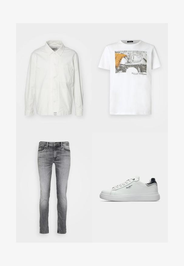 Chemise blanche à boutons en coton, dotée d'un col classique, de manches longues et d'une poche poitrine unique. Texture lisse, design simple.; T-shirt blanc à manches courtes avec un motif de moto noir et blanc, un tissu imprimé léopard orange, et le texte "Replay Custom Garage" sur le devant.; Jean en denim gris slim-fit avec une finition délavée, design à cinq poches et fermeture à bouton. Présente un léger effet de moustaches et une taille mi-haute.; Baskets blanches basses avec un accent noir au talon, lacets blancs et logo "Pepe Jeans London" sur le côté, présentées en profil sur un fond blanc.