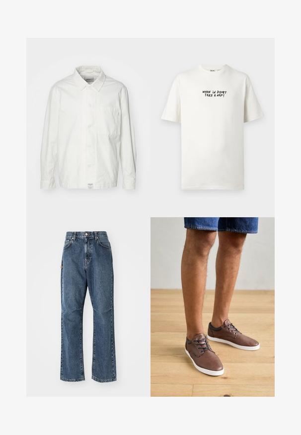 Hvid skjorte med knapper lavet af bomuld, med en klassisk krave, lange ærmer og en enkelt brystlomme. Glat tekstur, enkelt design.; Hvid kortærmet crew neck T-shirt med sort tekst "WHEN IN DOUBT TAKE A NAP!" trykt på brystet.; Blå denim jeans med høj talje, lige ben-design og forlommer. Har kontrastsyninger og skjult lukning med knap.; Brune læder sneakers har en afrundet tå, sorte accenter ved kraven og blå snørebånd, sat mod et lyst trægulv.