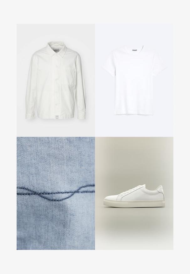 Hvid skjorte med knapper lavet af bomuld, med en klassisk krave, lange ærmer og en enkelt brystlomme. Glat tekstur, enkelt design.; Enkelt hvid T-shirt med korte ærmer og rund hals med synligt WEEKDAY-mærke i kraven, vist på en lys baggrund.; Lyseblåt denimstof med en synlig buet søm. Teksturen ser glat ud, med ensartet syning i mørkeblå tråd.; Hvid lavtop sneaker med snørebånd foran og tyk sål, vist fra siden mod en neutral baggrund.
