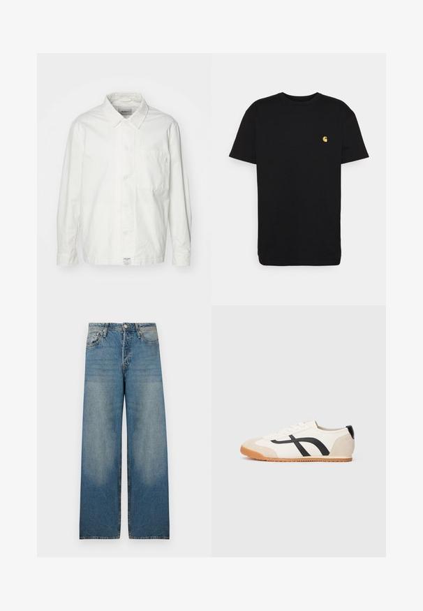 Hvid skjorte med knapper lavet af bomuld, med en klassisk krave, lange ærmer og en enkelt brystlomme. Glat tekstur, enkelt design.; Sort bomulds t-shirt med korte ærmer, rund halsudskæring og et lille gult logo på venstre brystområde. Enkel design og almindelig pasform.; Lyseblå bredbenede jeans i denimstof med høj talje, fem-lomme design og slidte områder for et vintage look.; Lavprofileret hvid sneaker med beige tå- og hælafslutninger, sorte buede sidestriber, hvide snørebånd og en sål af gummi, vist fra venstre side.