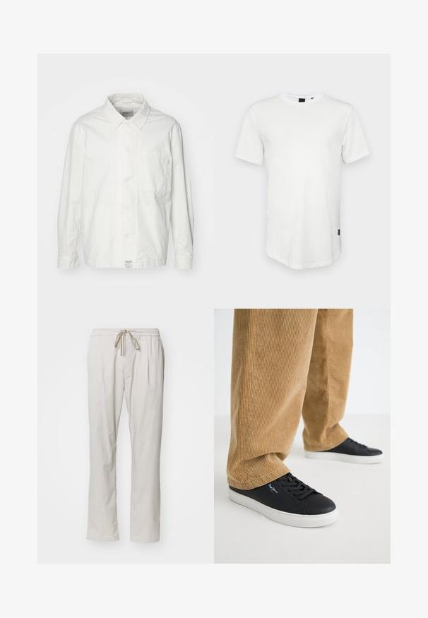 Hvid skjorte med knapper lavet af bomuld, med en klassisk krave, lange ærmer og en enkelt brystlomme. Glat tekstur, enkelt design.; Hvid kortærmet t-shirt lavet af bomuld, med rund halsudskæring og en let forlænget ryg, samt en lille logoaccent på siden.; Lyse beige, lette bukser med elastisk linning og snor. Har to sidelommer og lige ben.; Sorte lædersneakers med hvide gummisåler. Båret med tanfarvede corduroybukser med vertikale ribber og en afslappet pasform.