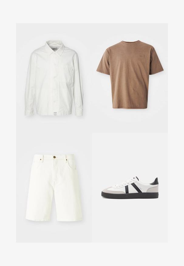 Chemise blanche à boutons en coton, dotée d'un col classique, de manches longues et d'une poche poitrine unique. Texture lisse, design simple.; T-shirt en coton marron avec un col rond, des manches courtes et un logo brodé discret sur le côté gauche de la poitrine. Texture lisse, coupe décontractée.; Shorts en denim blanc avec une coupe droite, design classique à cinq poches et fermeture à bouton en cuivre. Texture lisse et bords ourlés.; Baskets blanches avec des accents noirs et gris, présentant un embout texturé gris, une semelle en caoutchouc noir et des lacets plats blancs. Design épuré, style minimaliste.