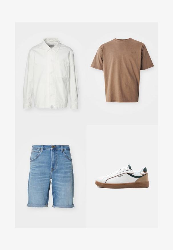 Camisa blanca de botones hecha de algodón, con cuello clásico, mangas largas y un bolsillo en el pecho. Textura suave, diseño sencillo.; Camiseta de algodón marrón con cuello redondo, mangas cortas y un discreto logo bordado en la parte izquierda del pecho. Textura suave, ajuste relajado.; Shorts de mezclilla de color azul claro con un ajuste relajado, dobladillo vuelto, bolsillos frontales y un diseño clásico de cinco bolsillos con costuras en contraste.; Zapatilla baja blanca con suela marrón, detalles en verde y beige, cordones blancos y el logo "Pepe Jeans London" en el lateral.