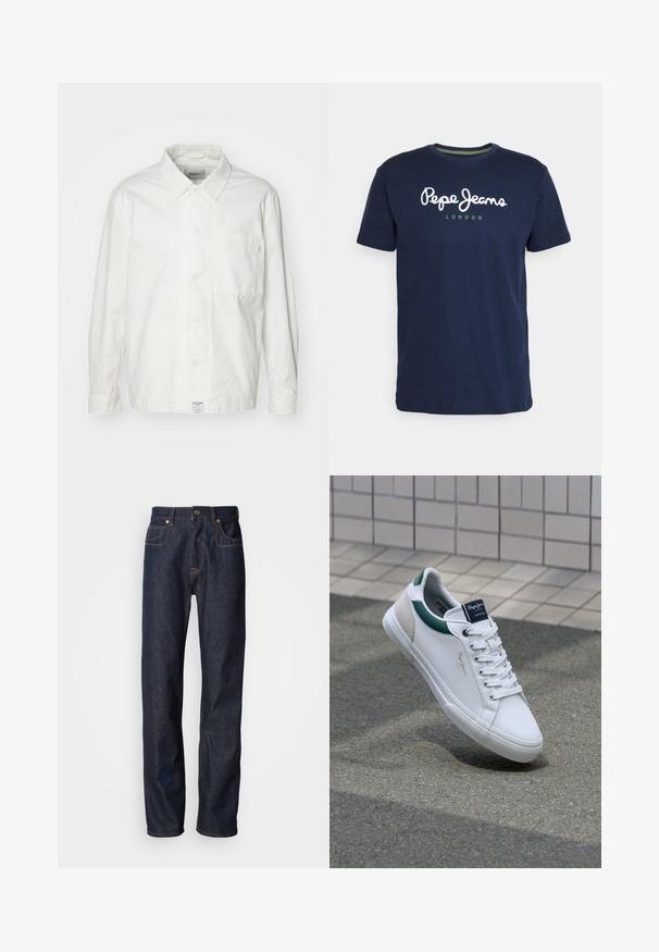 Witte overhem shirt van katoen, met een klassieke kraag, lange mouwen en een enkele borstzak. Glad oppervlak, eenvoudig ontwerp.; Marineblauwe katoenen t-shirt met een ronde hals en korte mouwen. Inclusief witte "Pepe Jeans" tekst en "LONDEN" in het groen eronder.; Donkerblauwe denim jeans met een rechte pasvorm, voorzien van koperen stiksels, een vijf-pocket ontwerp en een klassieke rits- en knoopsluiting.; Witte leren sneakers met groene en beige accenten, met een gestructureerde zool, ronde neus en traditionele vetersluiting.