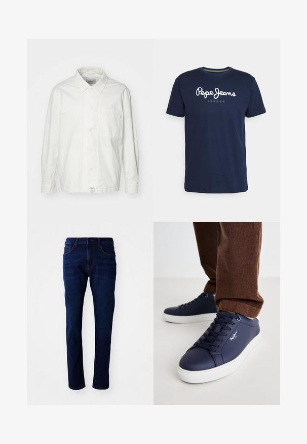 Weiße Button-Down-Hemd aus Baumwolle, mit klassischem Kragen, langen Ärmeln und einer Brusttasche. Glatte Textur, schlichtes Design.; Navyblaue Baumwoll-T-Shirt mit rundem Halsausschnitt und kurzen Ärmeln. Enthält weißen "Pepe Jeans"-Schriftzug und "LONDON" in grün darunter.; Dunkelblaue Denim-Jeans mit geradem Schnitt, fünf Taschen und klassischem Knopfverschluss. Der Stoff hat eine glatte Textur mit subtilen Verfärbungen.; Marineblaue Ledersneaker mit weißer Gummisohle, runder Spitze und minimalistischem Design. Verfügt über eine Schnürung vorne und dezente Markenkennzeichnung an der Seite.