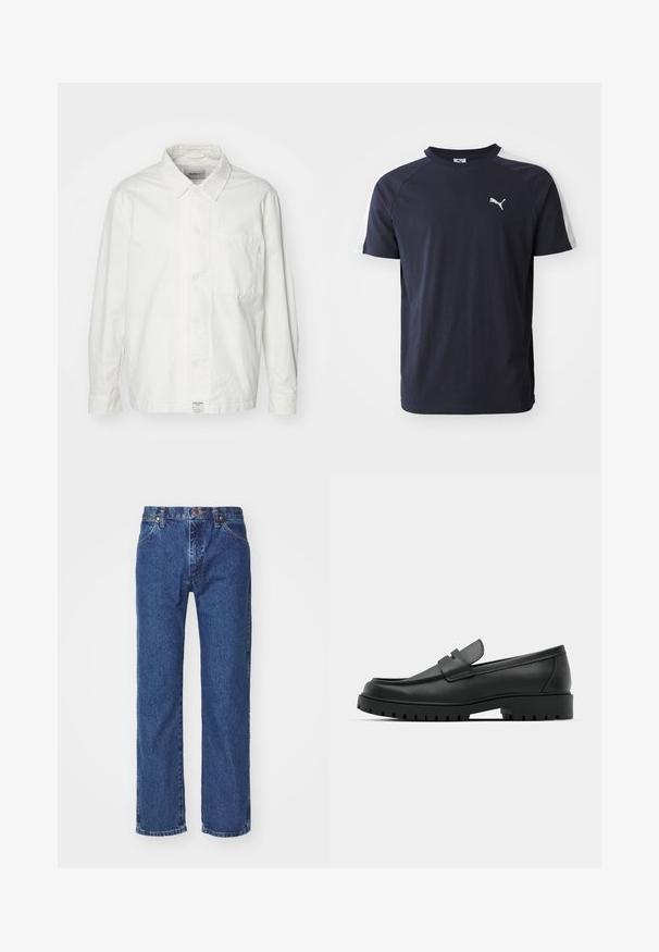 Witte overhem shirt van katoen, met een klassieke kraag, lange mouwen en een enkele borstzak. Glad oppervlak, eenvoudig ontwerp.; Donkerblauwe katoenen t-shirt met korte mouwen, licht van gewicht, met witte raglanmouwen en een klein wit Puma-logo op de borst.; Rechtermode blauwe denim jeans met een voorste knoop, ritssluiting, riemlussen en vijf-vakken ontwerp op een effen witte achtergrond.; Zwarte leren instappers met een ronde neus, voorzien van een gestikt ontwerp, een lage platformzool en een gestructureerde, grof rubberen buitenzool.