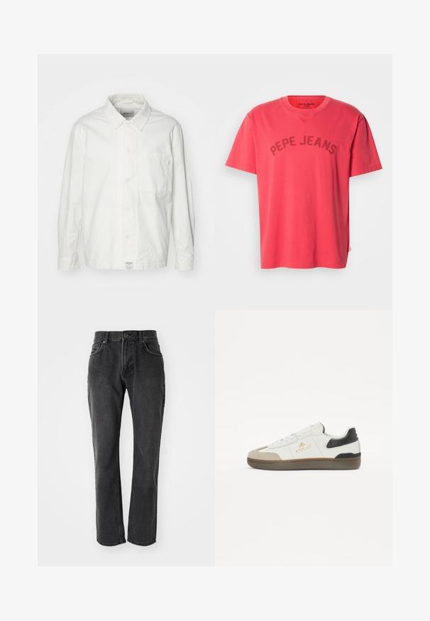 Weiße Button-Down-Hemd aus Baumwolle, mit klassischem Kragen, langen Ärmeln und einer Brusttasche. Glatte Textur, schlichtes Design.; Korallenfarbenes Baumwoll-T-Shirt mit kurzen Ärmeln und Rundhalsausschnitt. Mit dem Schriftzug "PEPE JEANS" in dunklen Buchstaben auf der Brust.; Schwarze Denim-Jeans mit geradem Schnitt, ausgestattet mit fünf Taschen, einem Knopfverschluss und genähten Details entlang der Nähte und Taschen.; Schwarze und weiße Sneaker aus Leder und Wildleder, mit abgerundeter Zehenpartie, strukturiertem Sohlenprofil, goldenen Logo und kontrastierender Fersenakzentuierung.