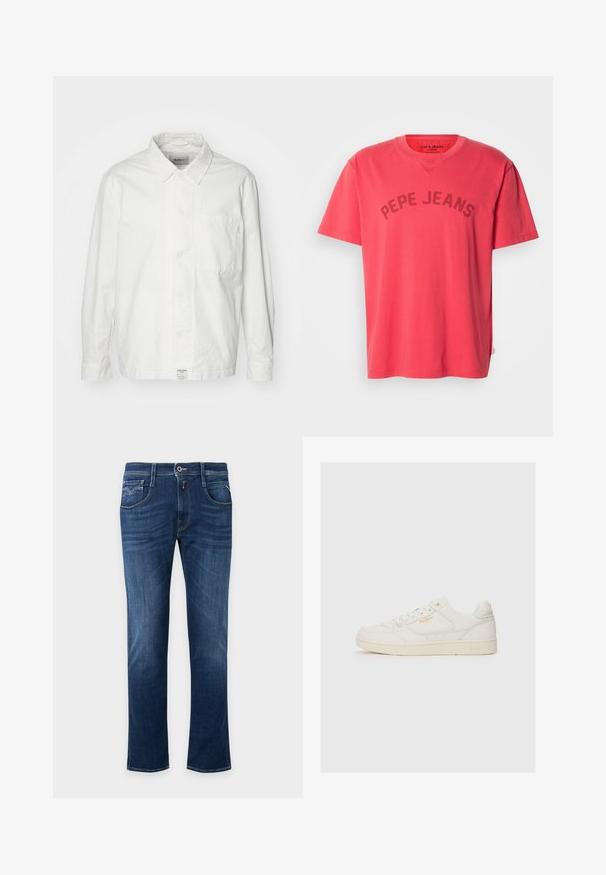 Chemise blanche à boutons en coton, dotée d'un col classique, de manches longues et d'une poche poitrine unique. Texture lisse, design simple.; T-shirt en coton corail à manches courtes et col rond. Présente l'inscription "PEPE JEANS" imprimée en lettres foncées sur la poitrine.; Jean droit bleu foncé avec bouton devant, fermeture éclair et design à cinq poches.; Sneaker en cuir blanc avec une texture lisse, comportant des accents perforés, un laçage à l'avant, et un logo subtil en doré près du côté.