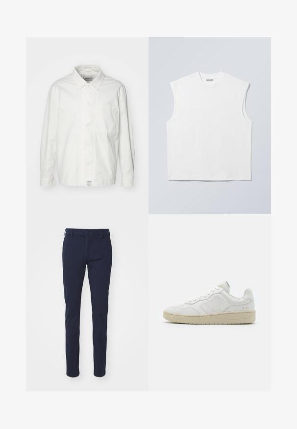 Chemise blanche à boutons en coton, dotée d'un col classique, de manches longues et d'une poche poitrine unique. Texture lisse, design simple.; Haut blanc sans manches en coton à col rond avec épaules structurées, marqué "WEEKDAY" sur l'étiquette du col, présenté sur un fond gris clair.; Pantalon bleu marine avec une texture lisse, design ajusté, passants de ceinture, fermeture à bouton et poches avant. Sans motifs ni accents visibles.; Baskets en cuir blanc avec une finition texturée et un col rembourré. Elles sont dotées d'une semelle en caoutchouc beige et d'une discrète branding sur le talon et le côté.